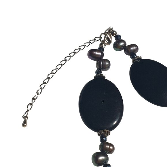 Black Onyx Faux Pearl Oval Bead Statement Necklace Chain Elegant Costume Jewelry - Picture 3 of 4